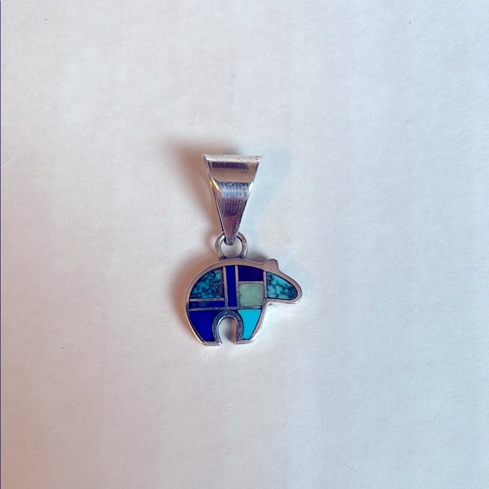 Navajo Bear Multi-Color Stone Sterling Silver Pendant with Heartline